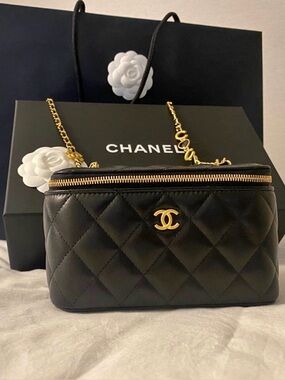 CHANEL Black Quilted Leather Crossbody with Gold CC and Chain